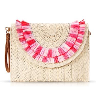 Imagem de QTKJ Bolsas clutch para mulheres, bolsa de praia de palha, pacote envelope de tecido boêmio feito à mão, bolsas de verão com borla para férias, viagens (rosa + verde), Bege