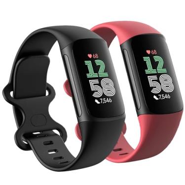Imagem de Pacote com 2 pulseiras de substituição compatíveis com Fitbit Charge 5/Fitbit Charge 6 para mulheres e homens, macias, respiráveis esportivas, ajustáveis, pequenas 14 a 19 cm, preto/vermelho)