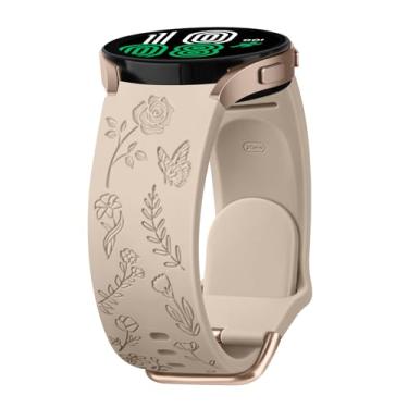 Imagem de AK Pulseira com gravação floral para Samsung Galaxy Watch 6 de 40 mm e 44 mm/Galaxy Watch 6 Classic de 43 mm e 47 mm, de silicone macio de 20 mm, pulseira de substituição ajustável para Galaxy Watch