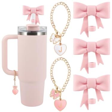 Imagem de Giesiery 3 peças de cobertura de canudo de laço para copo Stanley com 2 peças de pingentes de letra inicial nome ID acessórios compatíveis com Stanley Copo de 30 e 1,134 g com alça rosa