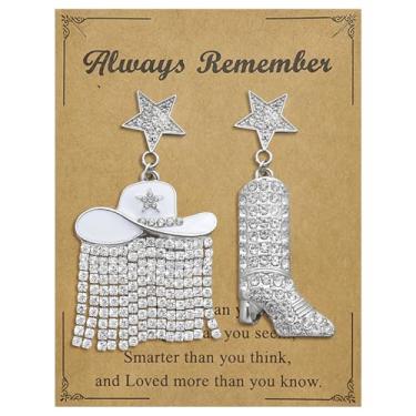 Imagem de Brincos femininos de cowgirl com strass brilhante, chapéu esmaltado de caubói, borla, brincos de orelha de estrela de prata boia ocidental, brincos country para festa de rodeio, roupas de concerto,