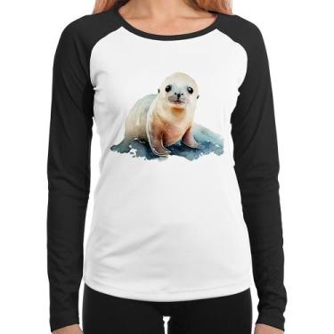 Imagem de Baby Look Raglan Foca Bebê Manga Longa - Foca na Moda, Branco, Preto, 