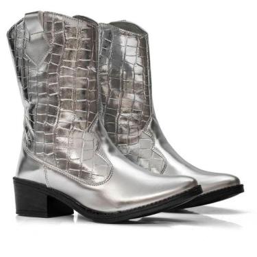 Imagem de Bota Feminina Texana Cano Alto Bico Fino Croco Metalizada - Navit Shoe