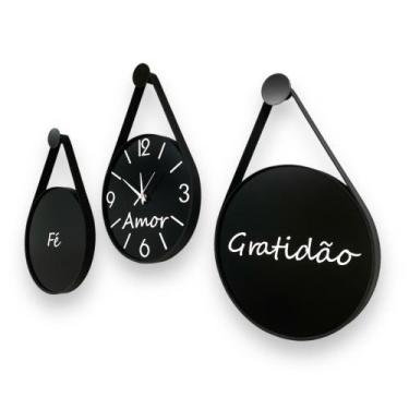 Imagem de Relógio Trio Motivacional Preto Algarismos 3D Cor Brancos, Alças em Co