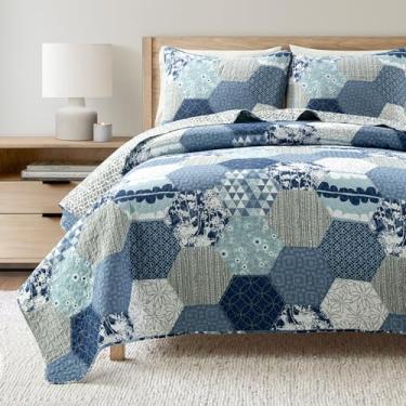 Imagem de Lush Decor - Conjunto de colcha, roupa de cama de algodão reversível de 3 peças com fronhas combinando, design bordado (azul briley empoeirado, casal/queen)