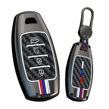 Imagem de HIBEYO Capa de chaveiro compatível com Hyundai I30 Ix35 KONA Encino Solaris Azera Grandeur Ig Accent Santa Fe Palisade Alloy Carbon Fiber Texture Key Shell com Chaveiros-4 Botões Remoto Boot Preto