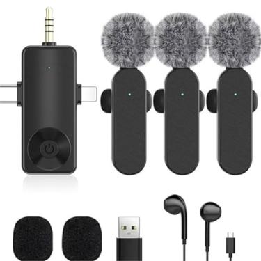 Imagem de Jijikomore Microfone de lapela sem fio 3 em 1/quatro em um para iPhone, iPad, Android, câmera, computador, mini microfone de gravação com redução de ruído, atraso ultrabaixo, para Vlog/TikTok/YouTube