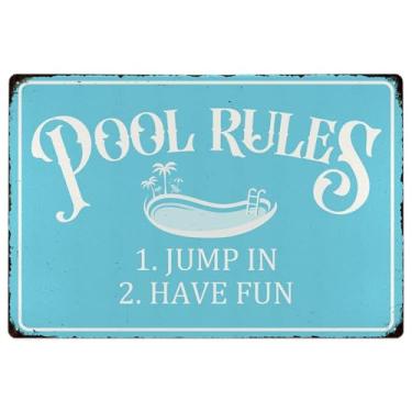 Imagem de Placa de regras de piscina Jump In Have Fun Piscina, placas de metal engraçadas, decoração para uso interno e externo 30 x 20 cm, placa suspensa durável, casa, quintal, bar, pub, academia