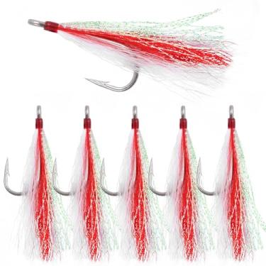 Imagem de Ganchos de pesca Bucktail Teasers anzóis de água salgada com linguado inferior de aço inoxidável Bucktail Mylar Flash Teasers para Snapper Catfish Bacalhau Linguado Hi-Lo Rigs vermelho