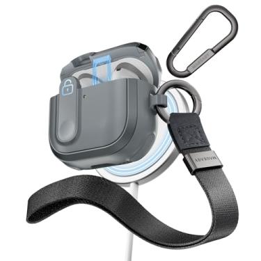 Imagem de MAGEASY Capa projetada para AirPods 4 – Capa robusta para AirPods 4 com trava | Funciona com cabo e carregamento sem fio (apenas AirPods 4 com carregamento ANC sem fio) | Inclui mosquetão e alça de