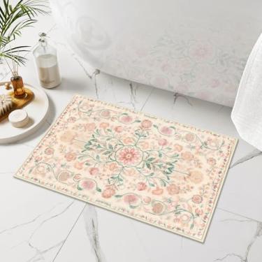 Imagem de Uphome Boho Tapete de banho bege floral pequeno tapetes de banheiro ultra macios antiderrapantes tapetes de banho vintage laváveis à máquina tapetes de banho florais para casa de banho, lavatório