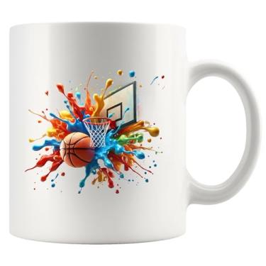 Imagem de Basquete Tie Dye Color Splash Presentes de basquete para treinadores jogadores de basquete colegas de equipe atletas canecas para irmão namorado pai marido amigo caneca de cerâmica 325 ml branca