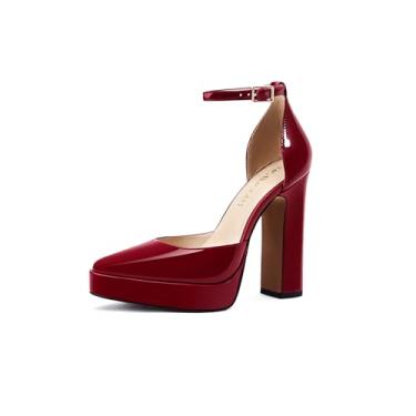 Imagem de MOTIMODEN Sapato feminino plataforma salto alto grosso bico fechado tira no tornozelo fivela salto redondo bico fino festa de casamento sapatos sociais confortáveis para mulheres, Vermelho, 41
