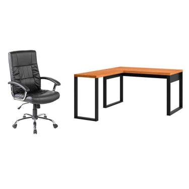 Imagem de Conjunto de Mesa em L Anah Freijó com Cadeira de Escritório Presidente Giratória com Relax Office Plus Preta