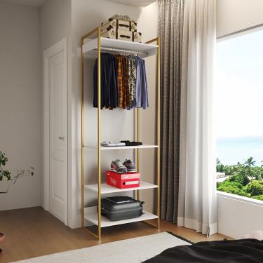 Imagem de Closet Modulado Estilo Industrial Solteiro Loft Branco Cabideiro Base Dourada