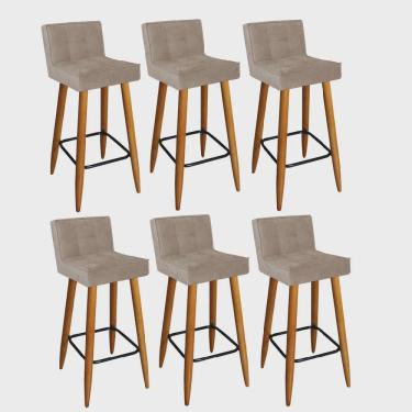 Imagem de Kit 06 Banqueta Alta Lucy Com Encosto Cozinha Bar Balcão Bistrô Pé Palito Castanho Suede Bege - Ahz Móveis