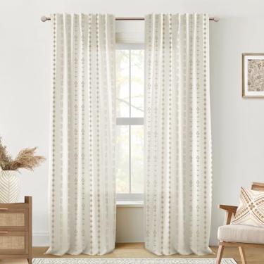 Imagem de Cortina Boho para sala de estar, cortina transparente de linho com aba traseira marrom vermelha para quarto, 213 cm de comprimento