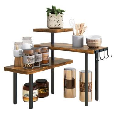 Imagem de IBUYKE Organizador de bancada, prateleiras de temperos de 3 camadas, prateleira de canto de balcão de cozinha, 4 ganchos laterais, prateleira de bancada ajustável para cozinha, banheiro, café, armário