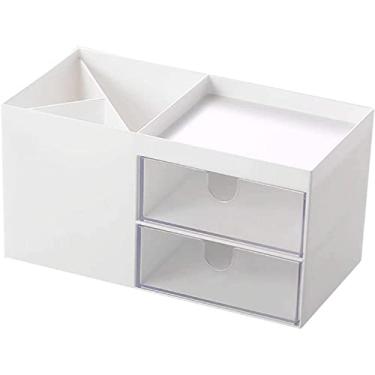 Imagem de Porta-lápis de mesa multifuncional, suporte de pincel de maquiagem multigrade com gaveta, organizador de papelaria de mesa, suporte de lápis criativo, papelaria (branco)