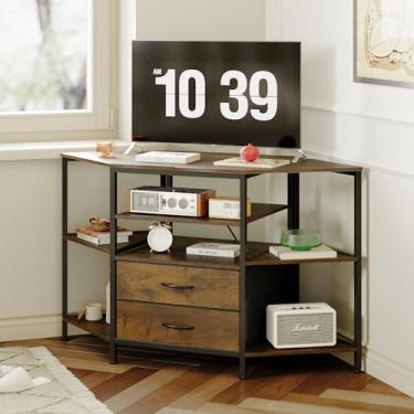 Imagem de Welfuturer Suporte de TV de canto para TV de 55 polegadas, centro de entretenimento de fazenda com armazenamento de 2 gavetas, console de TV de canto com tomada, console de mídia marrom retrô para