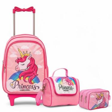 Imagem de Kit Mochila de Rodinha Escolar Unicórnio Princesa Infantil Feminino + 