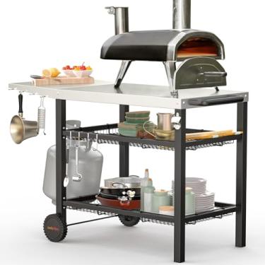 Imagem de only fire Versão atualizada, mesa de jantar móvel, mesa de trabalho plana para fornos, carrinho utilitário multiuso com prateleira lateral para ambientes externos, cozinha