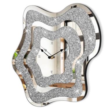Imagem de FEUFOAM Relógio de parede prata irregular espelhado relógio de vidro bonito relógio de diamante triturado de cristal para decoração de parede, decoração de casa perfeita para sala de estar, quarto