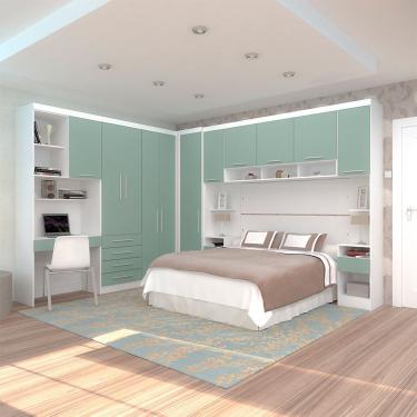 Imagem de Quarto De Canto Casal Com Guarda Roupas Cabeceira E Bancada Home Office Alpes Luciane Móveis Branco Pf Com Verde Pf
