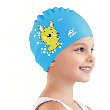 Imagem de Touca de natação infantil com estampa de animal fofa adequada para meninos e meninas de 3 a 16 anos de idade (estampa de bunny)