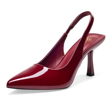 Imagem de GENSHUO Slingback Sapatos de salto gatinho para mulheres, bico fino, fechado, salto baixo, 7,6 cm, confortável, sexy, sem cadarço, casamento, trabalho, festa, Patente vermelho-vinho, 35
