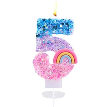 Imagem de Velas com números de aniversário arco-íris, número 5 velas, macaron, enfeite de bolo de aniversário, decorações de cupcake para tema de desenho animado, suprimentos de festa
