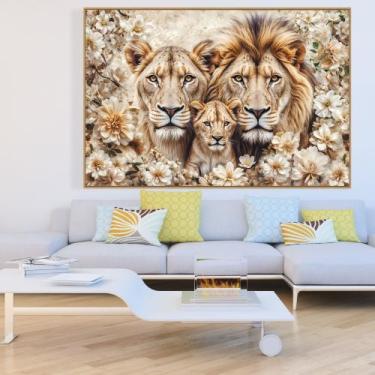 Imagem de Quadro decorativo florido família de Leão com um filhote - MeMoldura, 