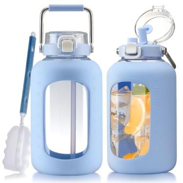 Imagem de WINSA Garrafas de água grandes de vidro com alça de aço inoxidável, garrafa de água de 2,8 litros com tampa de canudo 2 em 1, jarro de água de vidro de 3 litros com manga de silicone, boca larga, azul