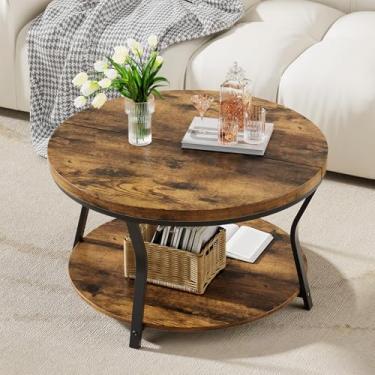 Imagem de Mesas de centro redondas para sala de estar, mesa de centro circular de madeira, mesa central moderna industrial de 2 camadas com mesa espessa e moldura de metal, 80 cm (marrom áspero)