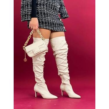 Imagem de Bota Over the Knee Feminina, Cano Alto, Couro, Salto Fino 4.5cm, Preta (OFF WHITE, BR, Adulto, Numérico, 37)
