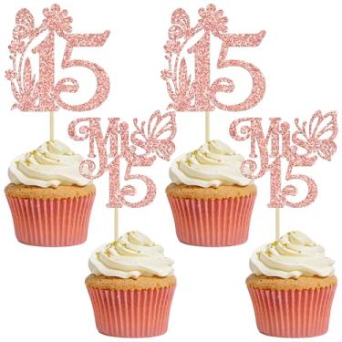 Imagem de Ephlyn 24Pcs Mis 15 Cupcake Toppers Glitter Mis Quince 15 Feliz 15 Años Cupcake Picks Hello 15 Fabulous Cupcake Decorations for Cheers to 15 Happy 15th Birthday Party Cake Decorations Rose Gold