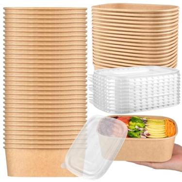Imagem de Aemygo 50 tigelas descartáveis de papel kraft com tampas, tigelas de papel de 740 ml, recipientes de preparação de refeições à prova de vazamento, suprimentos descartáveis para festas servindo para