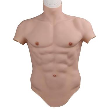 Imagem de gskinart Traje muscular de silicone realista com músculos falsos, peito falso, simulação de fantasia sem óleo para cosplay Halloween Transgênero (cor 3, G sem zíper)