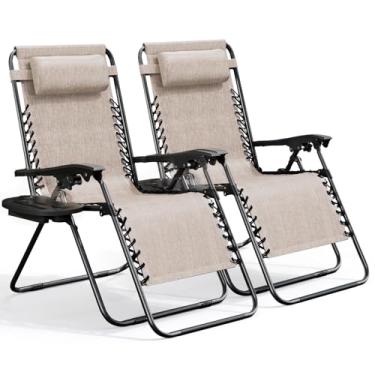 Imagem de Nestl Conjunto de 2 cadeiras de gravidade zero, espreguiçadeira de pátio ao ar livre com travesseiros e bandejas de suporte de copo, cadeira de acampamento reclinável de malha de aço ajustável