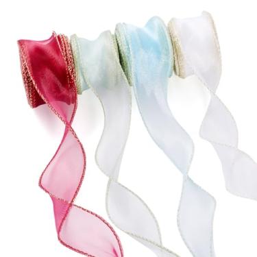 Imagem de Elecrelive Fita de cauda de peixe com babados arco-íris 4 cores brilhantes de chiffon 4 cm fitas decorativas de tule para aparar renda 40 metros para buquê de flores, fantasia de embrulho de presente