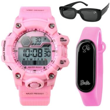 Imagem de Relogio Infantil Prova Dagua Digital Rosa Led + Oculos Sol Esportivo Ajustavel Cronometro Menina