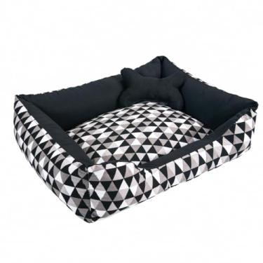 Imagem de Cama Caminha Pet para Cachorro ou Gato Médio 60cm x 47cm Lavável com Fundo Impermeável + Ossinho (Geométrico Preto)