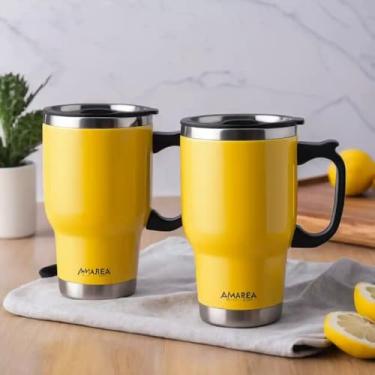 Imagem de Caneca Térmica Parede Dupla em Aço Inox Amarela 600ml com Tampa Hermética - Estilo Casual