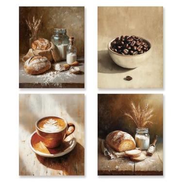 Imagem de KSDUT Conjunto de 4 peças de arte de decoração de parede vintage Bread Food - Pôster Retrô Natureza Morta Impressões Rústico Country Padaria Imagem Arte de Parede para Cozinha Grandmillennial