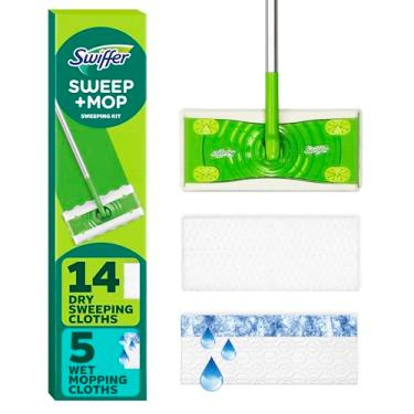 Imagem de Swiffer Kit de limpeza e limpeza de piso seco + molhado 2 em 1, kit de várias superfícies para limpeza de piso, kit inclui 1 vassoura, 14 panos de limpeza a seco, 5 panos de limpeza molhados
