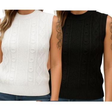 Imagem de Kit 2 Blusas Tricô FMF Preta e Branca Sem Manga Básica Casual, Preto, 