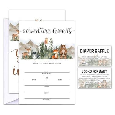 Imagem de Geuro Conjunto de 25 convites para chá de bebê com envelopes, bilhetes de sorteio de fraldas e cartões de solicitação de livro de chá de bebê, animais da selva aventureiros