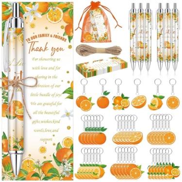 Imagem de 145 peças de lembrancinhas de chá de bebê fofas para convidados, canetas esferográficas laranja e chaveiros, presentes para meninos e meninas, canetas de chá de bebê retráteis de gênero, cartões de
