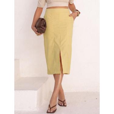 Imagem de Saia Midi de Linho com Fenda Charmosa e Cós Flexível - Lumia, Amarelo,