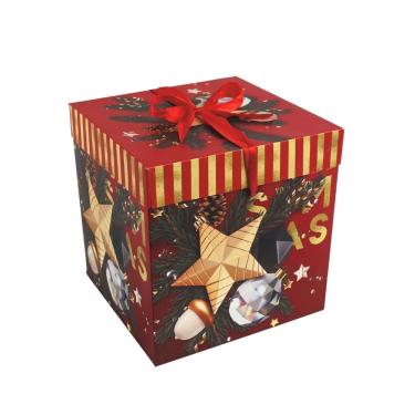 Imagem de Caixa Embalagem Monta Fácil Decorada Natal Panetone e Presentes Com Laço 22x22cm - Magizi